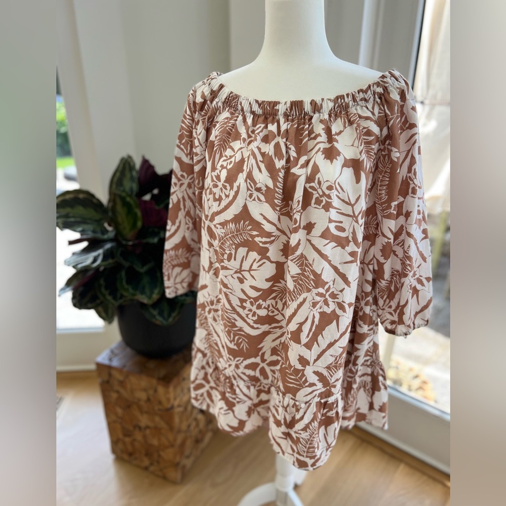 SEED Heritage Linen abstract mini dress - 3/4 puffy sleeves. SEED Austra…